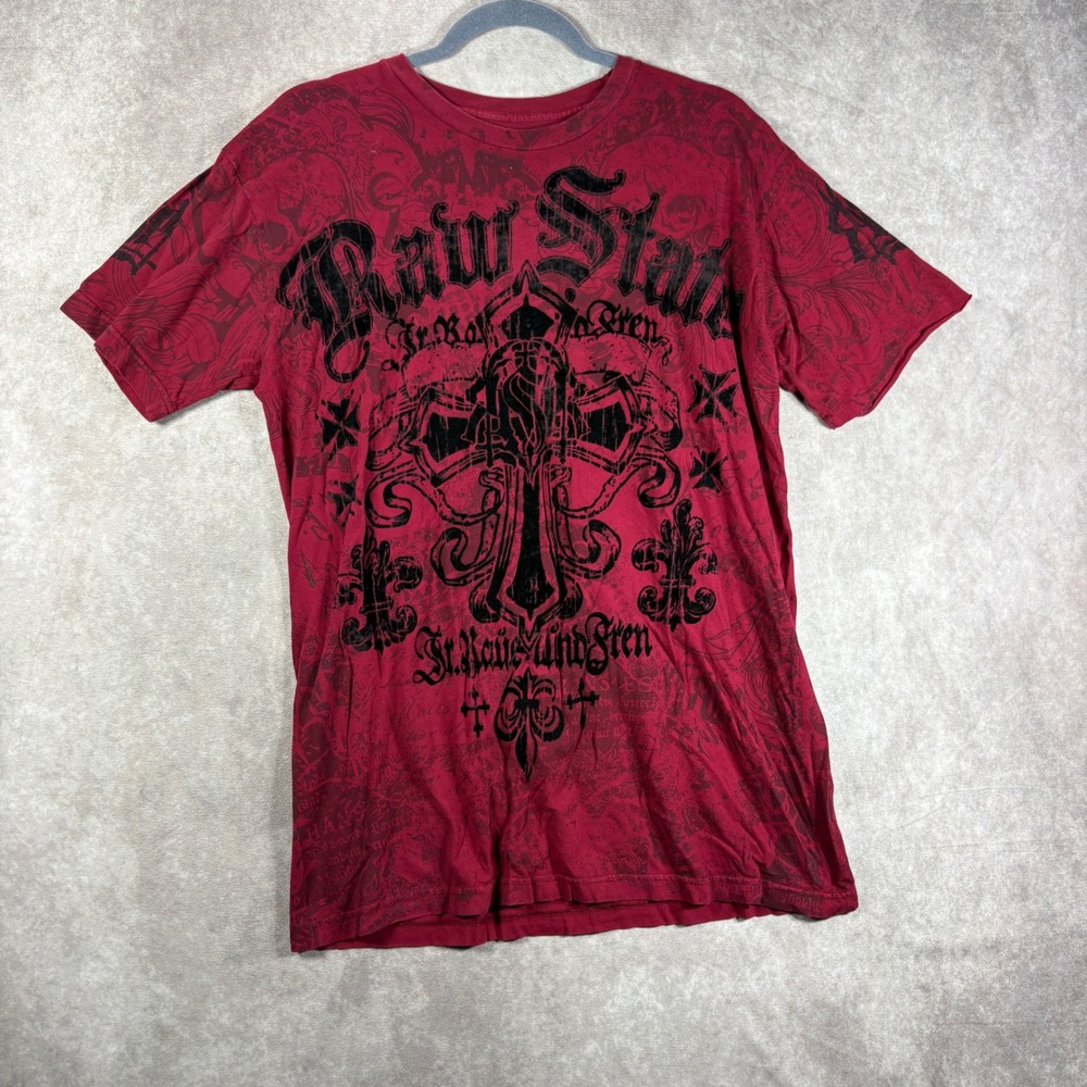 Raw State T Shirt Men Large Red Gothic Cross Graphic Y2K Grunge MMA Biker Skater